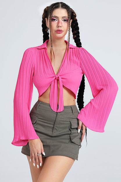 Tie Front Johnny Collar Flare Sleeve Cropped Top-Teresa&#39;s Fashionista LLC