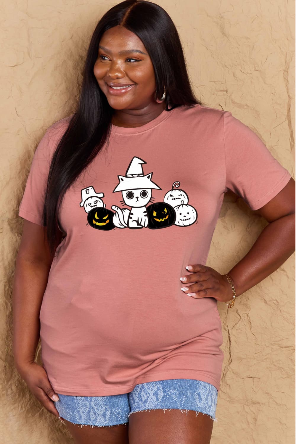 Simply Love Full Size Cat & Pumpkin Graphic Cotton T-Shirt-Teresa&#39;s Fashionista LLC