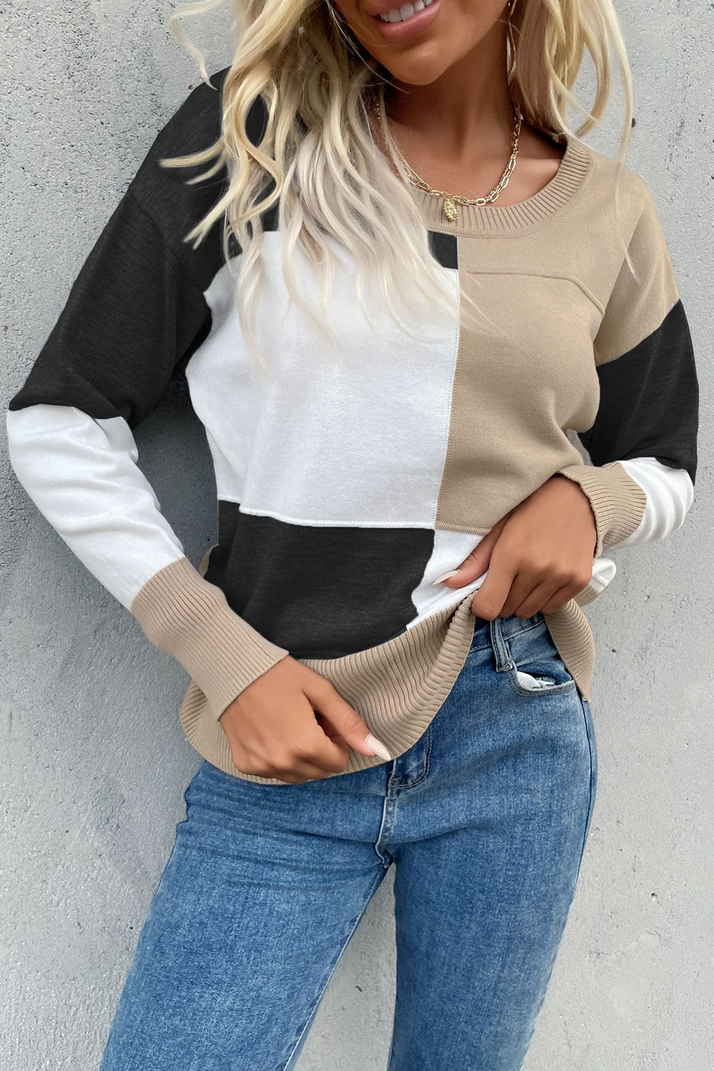 Color Block Ribbed Trim Round Neck Knit Pullover-Teresa&#39;s Fashionista LLC