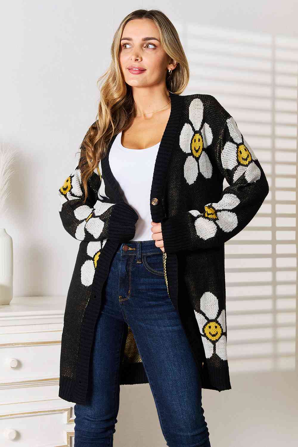 Double Take Floral Button Down Longline Cardigan-Teresa&#39;s Fashionista LLC