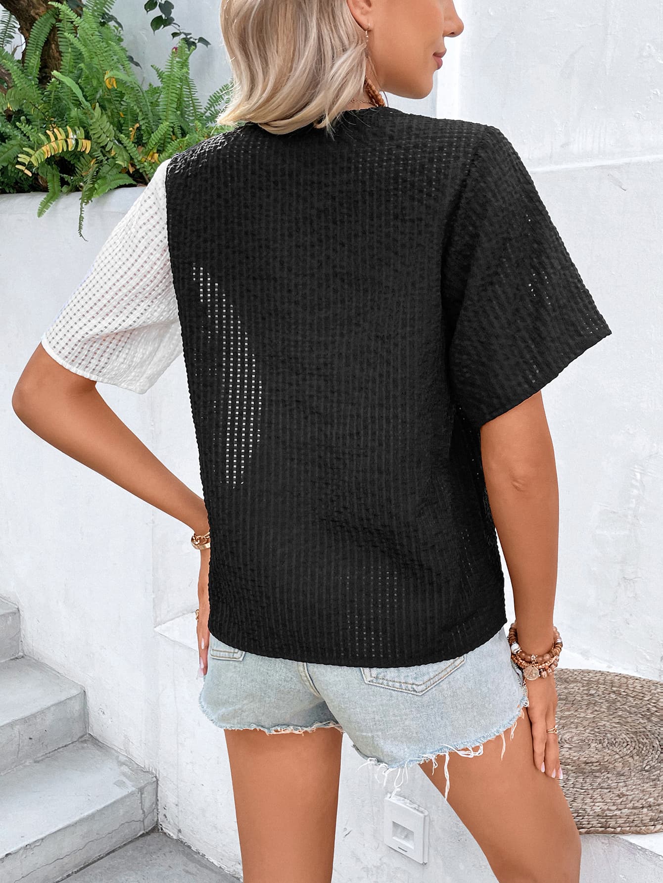 Two-Tone Buttoned Short Sleeve Top-Teresa&#39;s Fashionista LLC