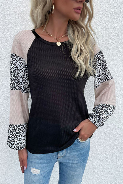 Contrast Leopard Print Waffle Knit Tee-Teresa&#39;s Fashionista LLC