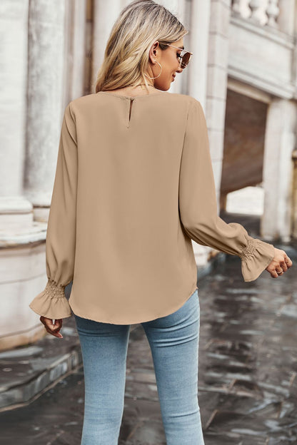 Round Neck Long Flounce Sleeve Blouse-Teresa&#39;s Fashionista LLC