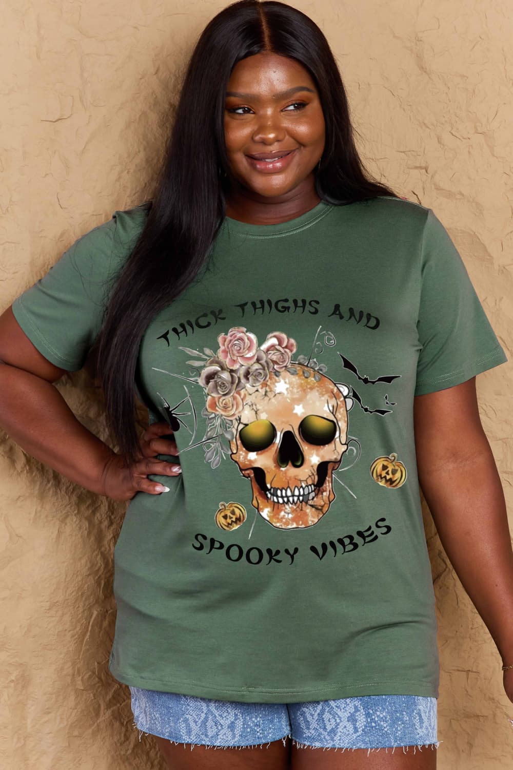 Simply Love Full Size THICK THIGHS AND SPOOKY VIBES Graphic Cotton T-Shirt-Teresa&#39;s Fashionista LLC