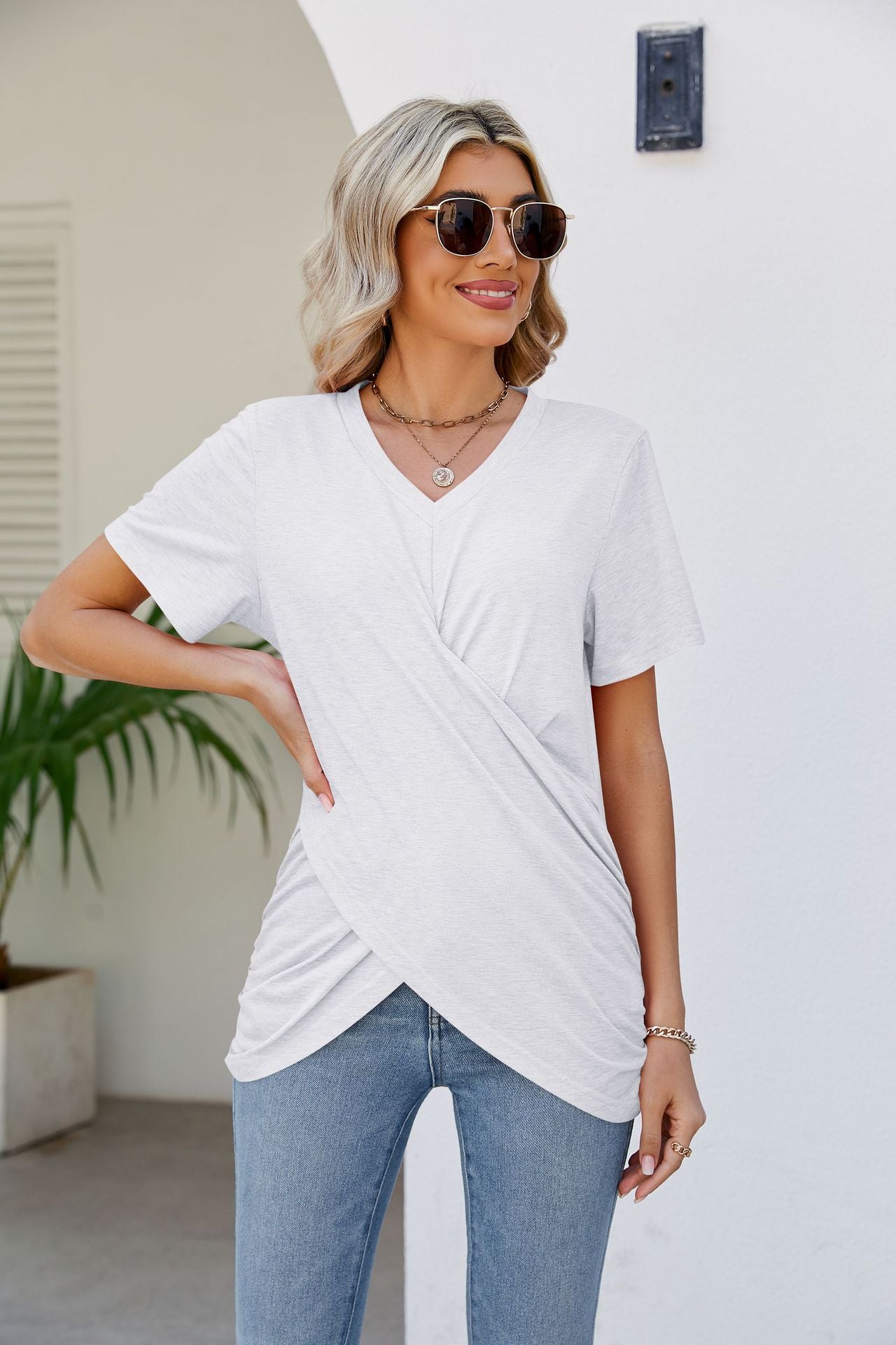 V-Neck Crisscross Short Sleeve Tee-Teresa&#39;s Fashionista LLC