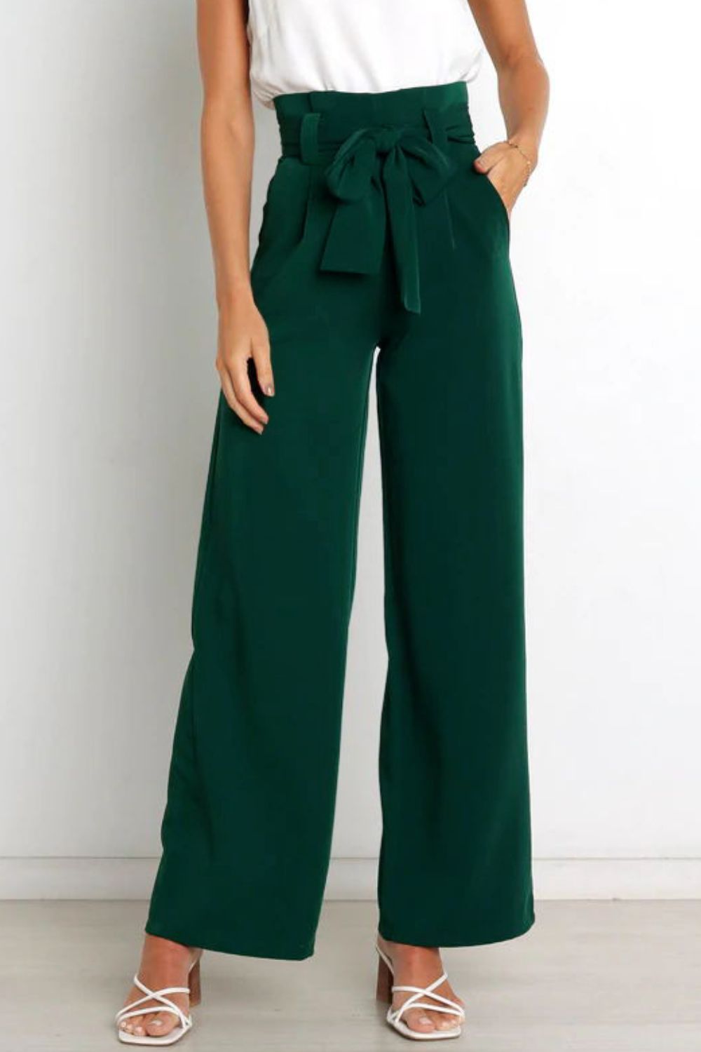 Tie Front Paperbag Wide Leg Pants-Teresa&#39;s Fashionista LLC