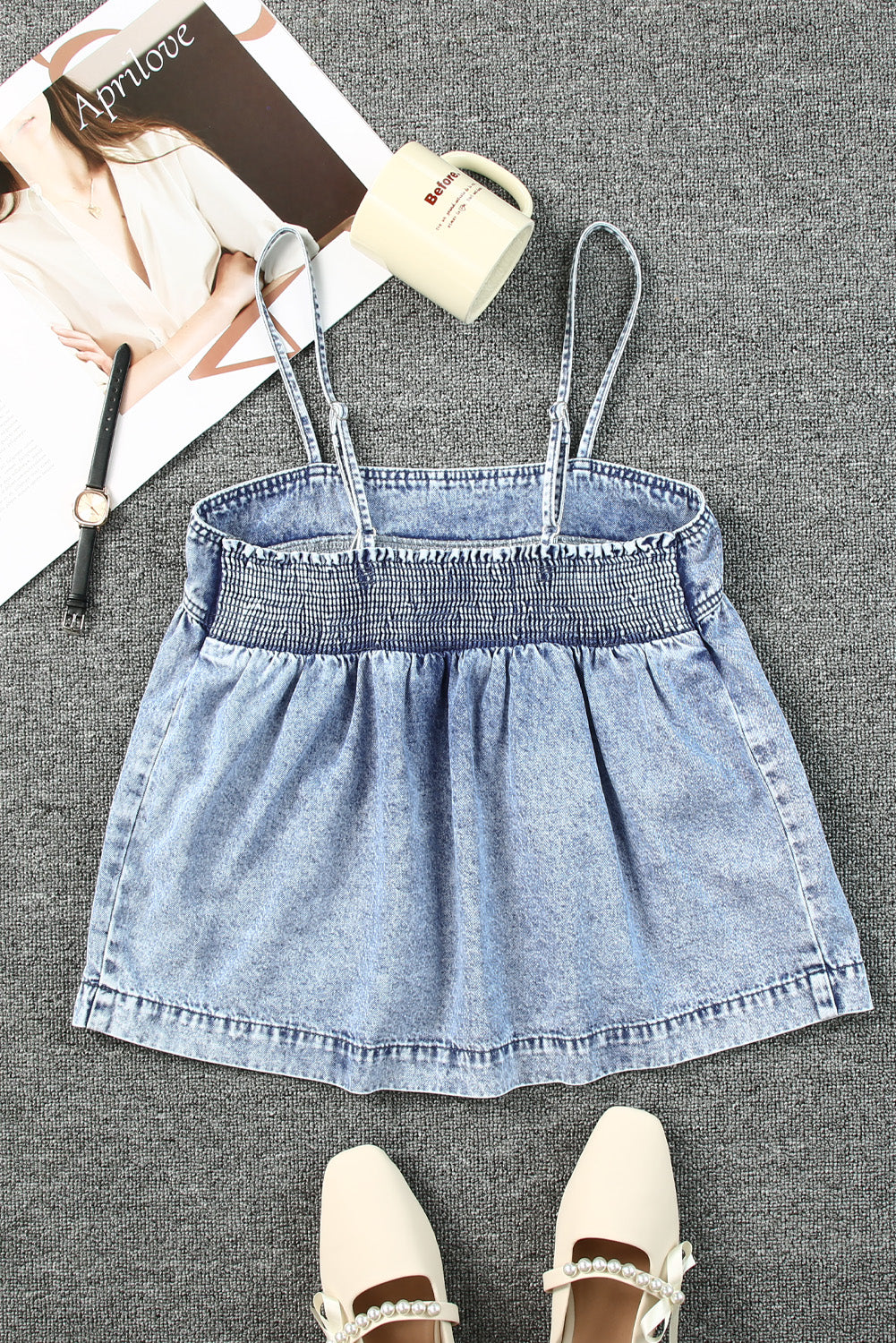 Smocked Adjustable Strap Denim Cami-Teresa&#39;s Fashionista LLC