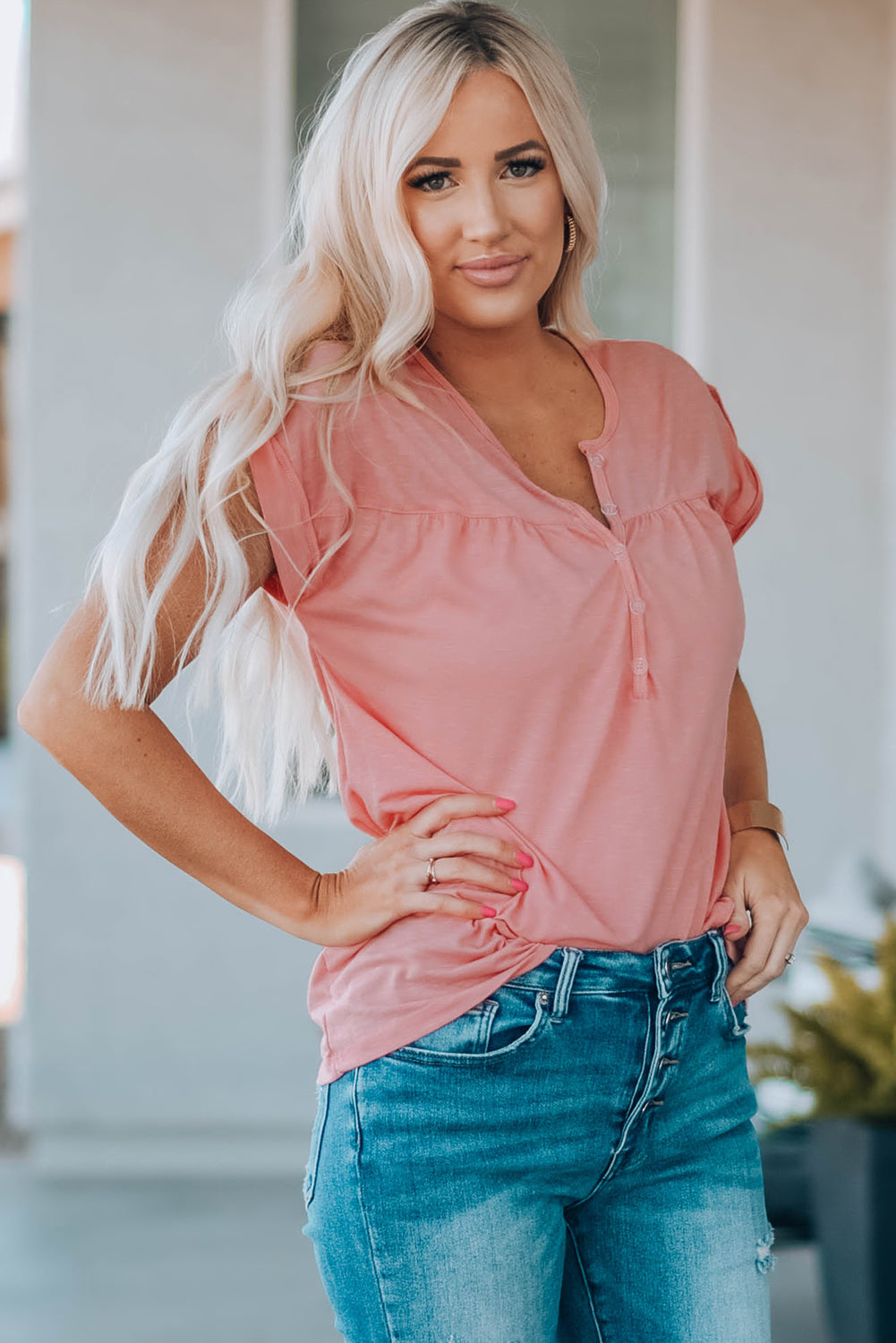 Women Buttoned Roll-Tab Sleeve Tee Shirt-Teresa&#39;s Fashionista LLC