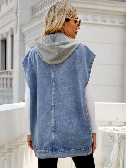 Hooded Sleeveless Denim Top with Pockets-Teresa&#39;s Fashionista LLC