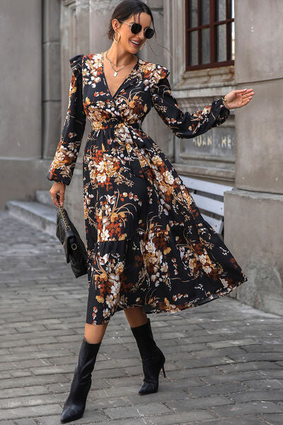 Floral Surplice Tie Front Ruffle Hem Midi Dress-Teresa&#39;s Fashionista LLC