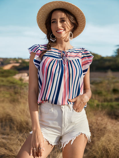 Striped Flutter Sleeve Tied Blouse-Teresa&#39;s Fashionista LLC