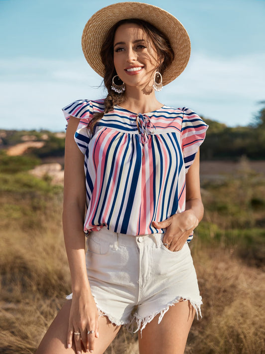 Striped Flutter Sleeve Tied Blouse-Teresa&#39;s Fashionista LLC