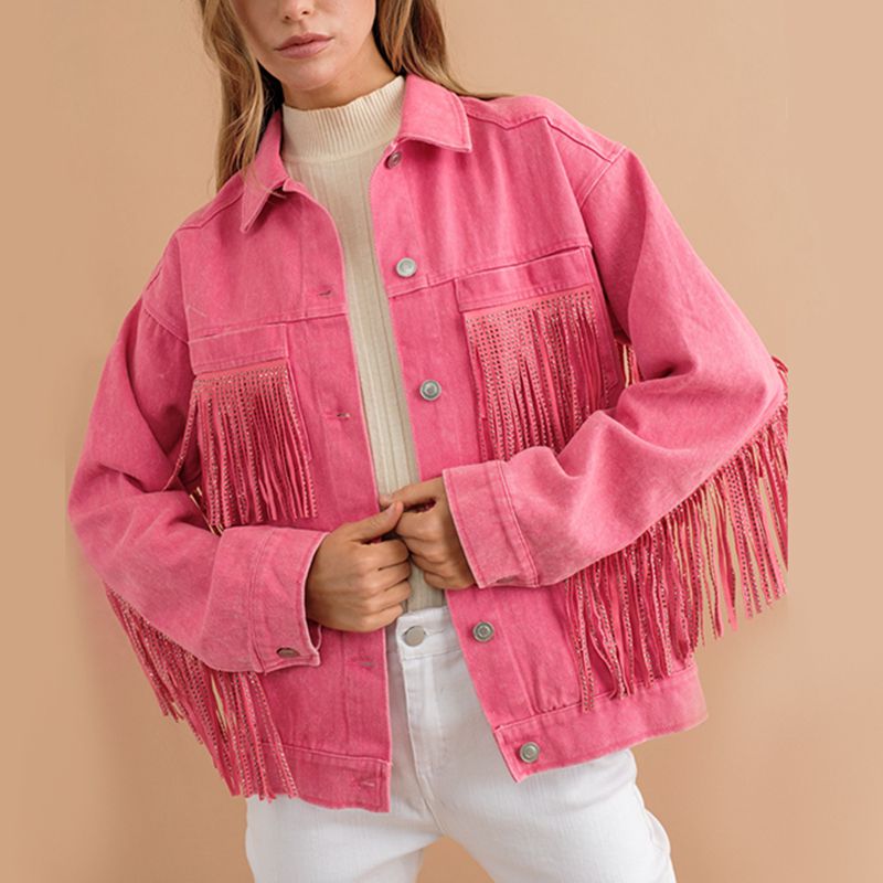 Fringe Detail Dropped Shoulder Denim Jacket-Teresa&#39;s Fashionista LLC