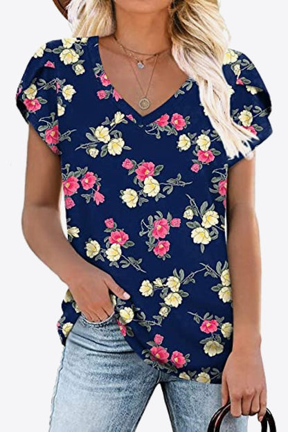 Printed Petal Sleeve V-Neck Blouse-Teresa&#39;s Fashionista LLC