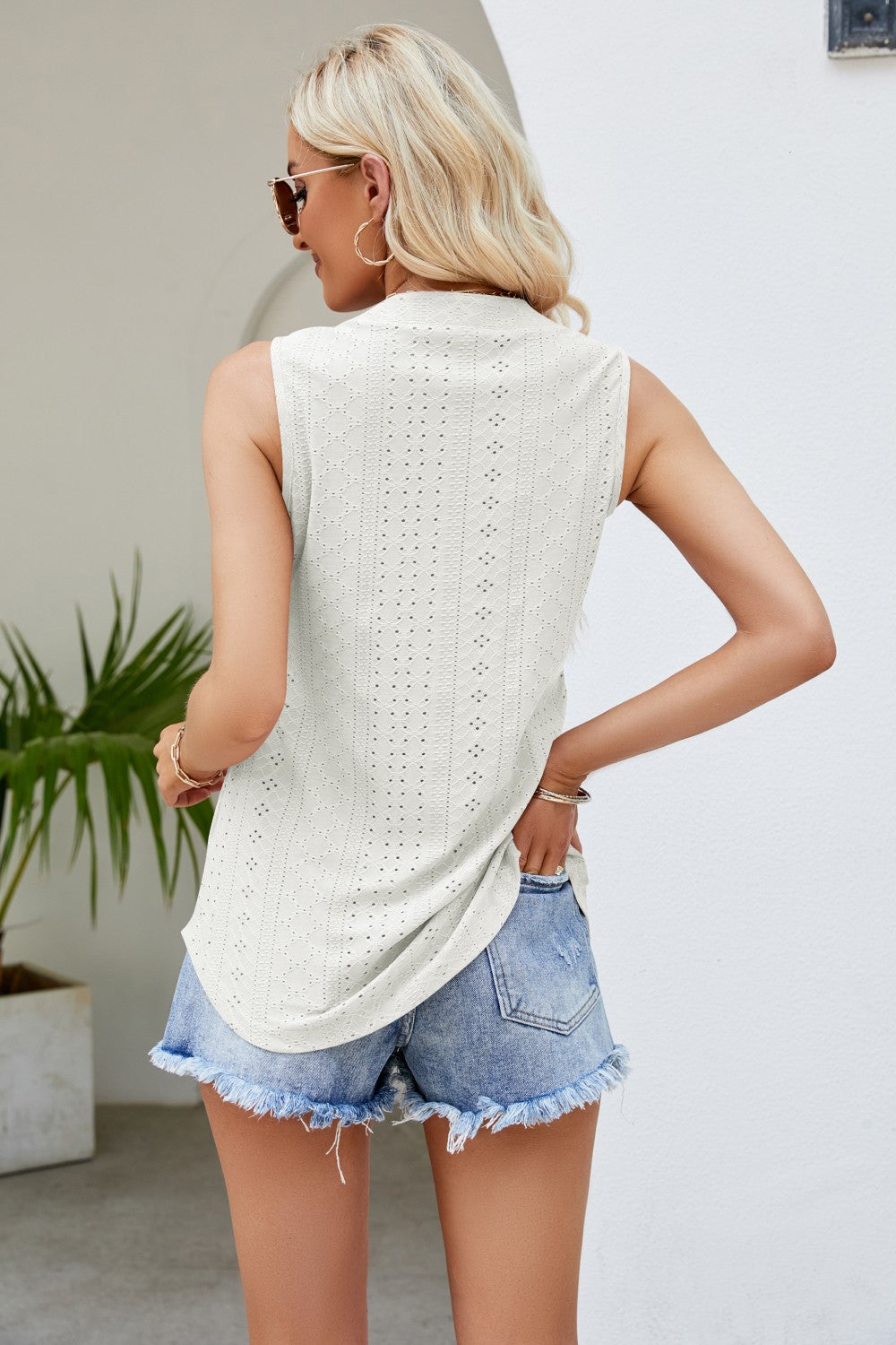 Notched Neck Curved Hem Eyelet Tank-Teresa&#39;s Fashionista LLC