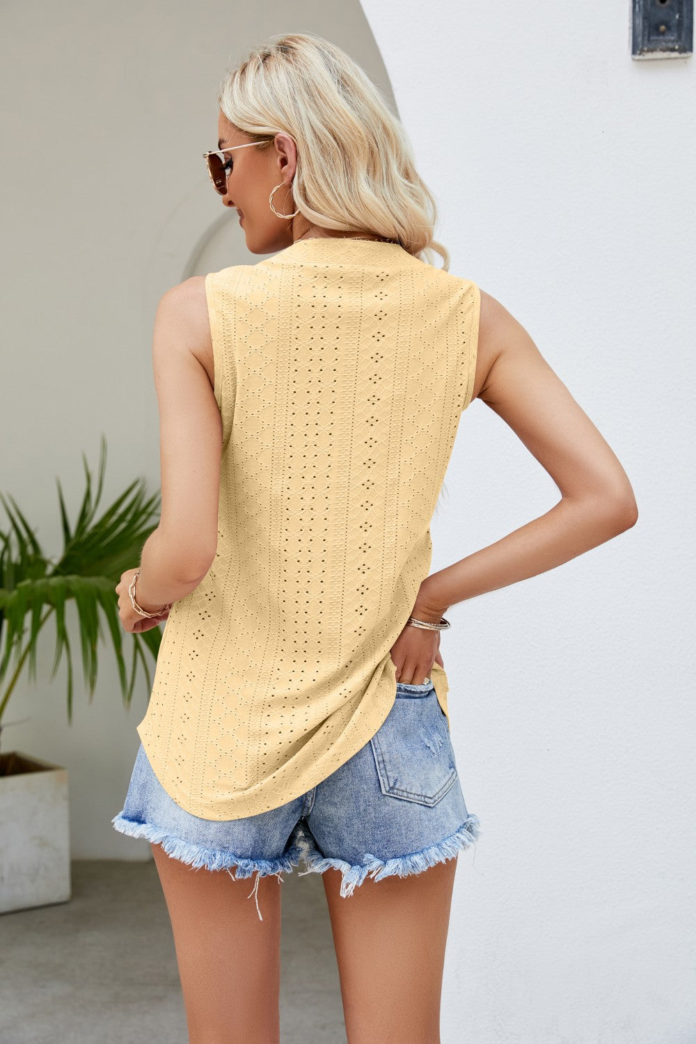 Notched Neck Curved Hem Eyelet Tank-Teresa&#39;s Fashionista LLC