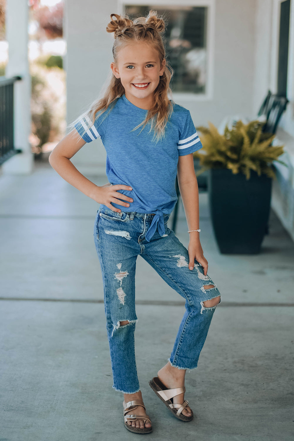 Girls Striped Tie Front T-Shirt-Teresa&#39;s Fashionista LLC