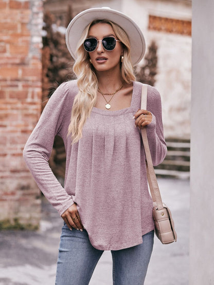 Pleated Detail Curved Hem Long Sleeve Top-Teresa&#39;s Fashionista LLC