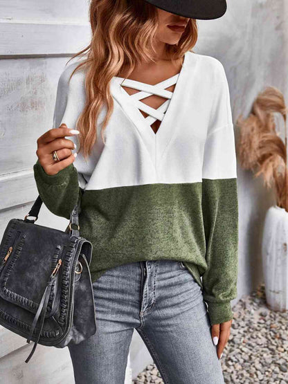 Two-Tone Crisscross Detail Sweatshirt-Teresa&#39;s Fashionista LLC