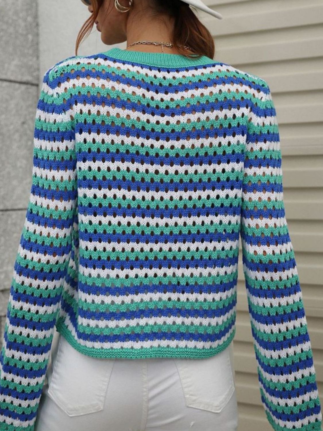 Striped Openwork Long-Sleeve Knit Pullover-Teresa&#39;s Fashionista LLC