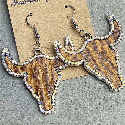 Rhinestone Trim Alloy Bull Earrings-Teresa&#39;s Fashionista LLC