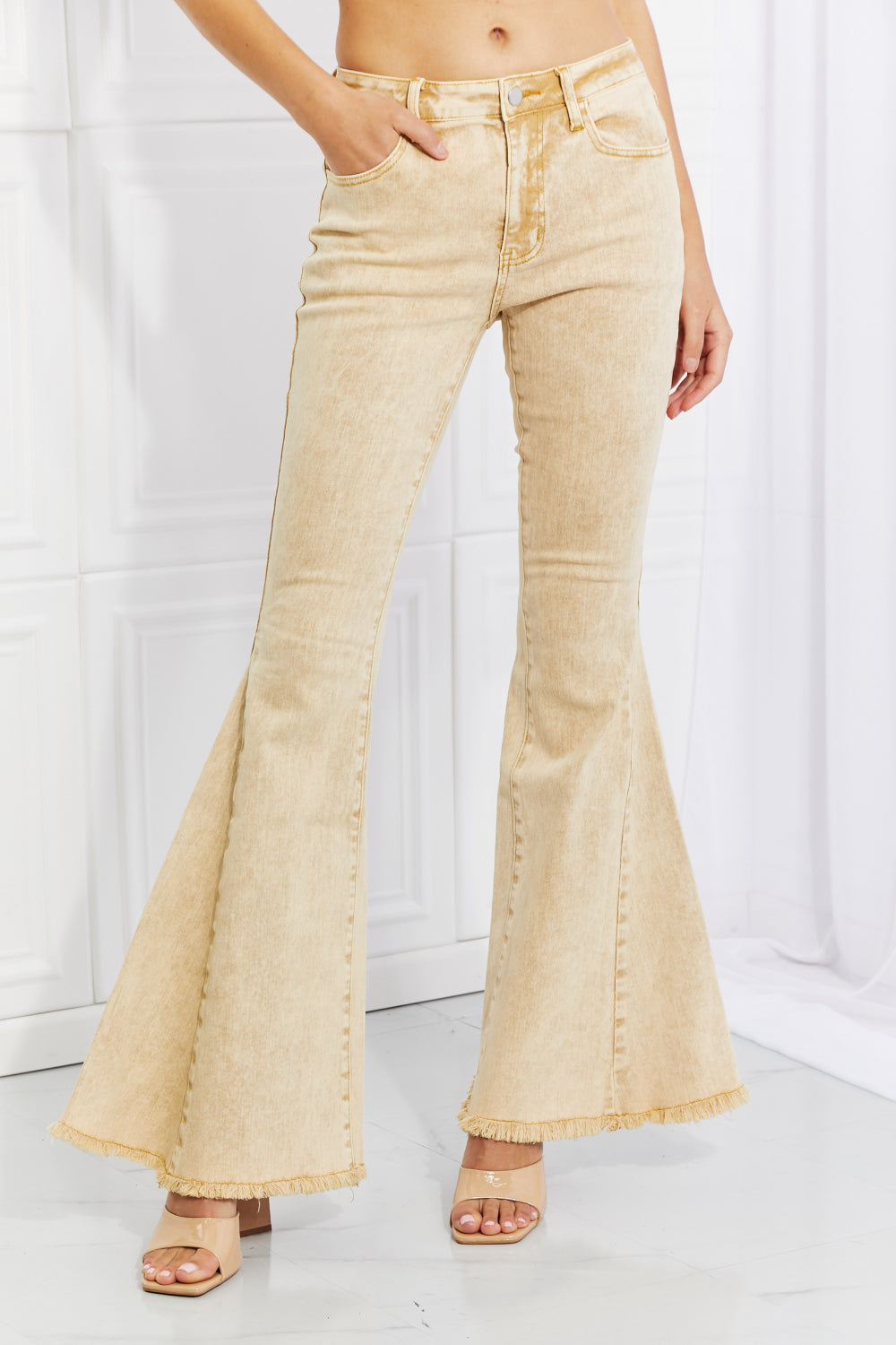 Color Theory Flip Side Fray Hem Bell Bottom Jeans in Yellow-Teresa&#39;s Fashionista LLC