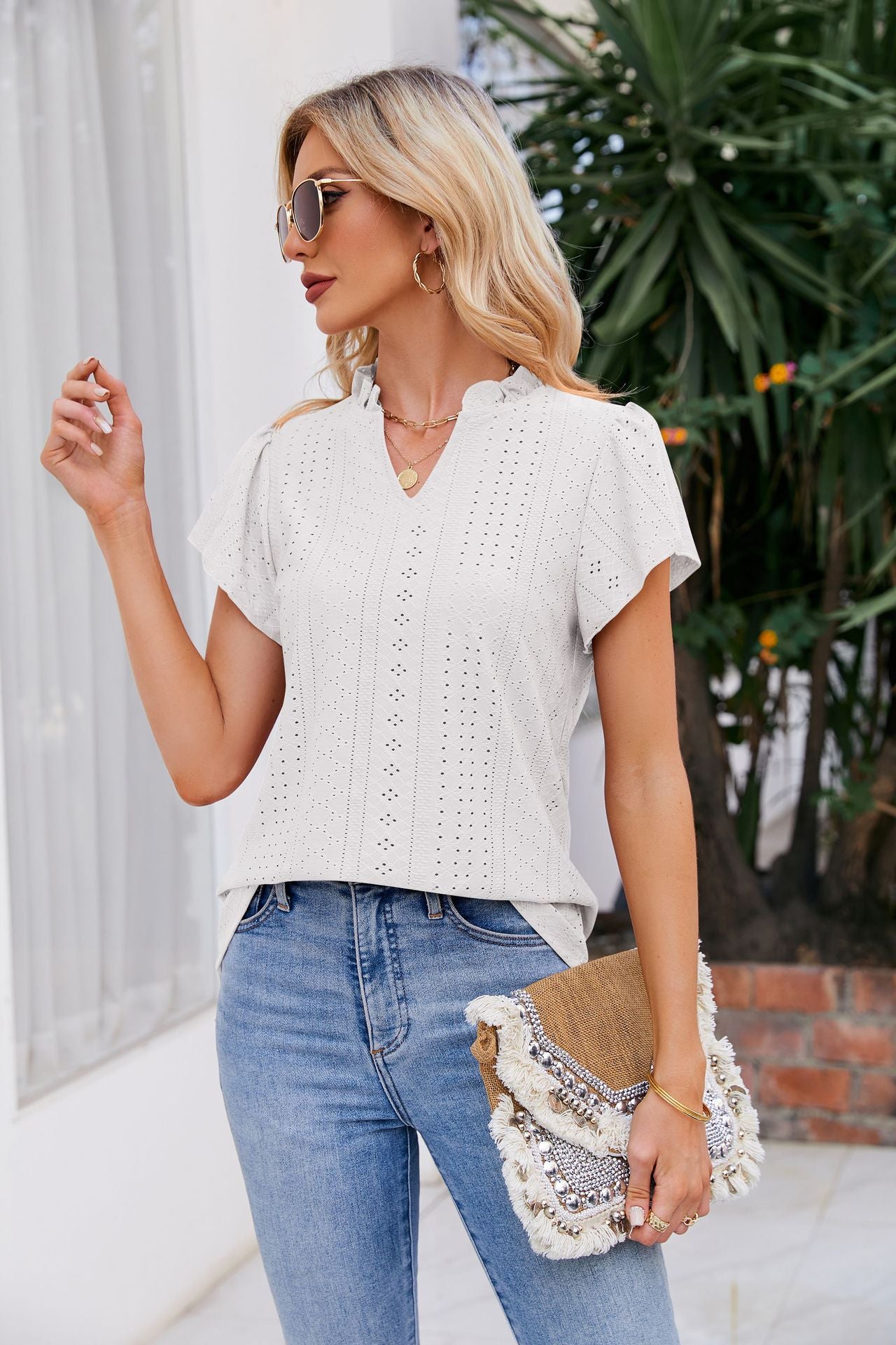 Notched Neck Puff Sleeve Blouse-Teresa&#39;s Fashionista LLC