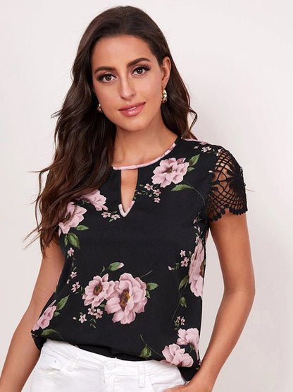 Floral Cutout Round Neck Blouse-Teresa&#39;s Fashionista LLC