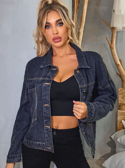 Collared Neck Dropped Shoulder Denim Jacket-Teresa&#39;s Fashionista LLC