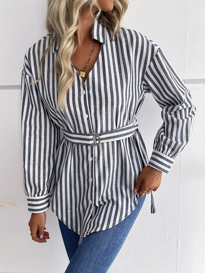 Striped Curved Hem Belted Shirt-Teresa&#39;s Fashionista LLC