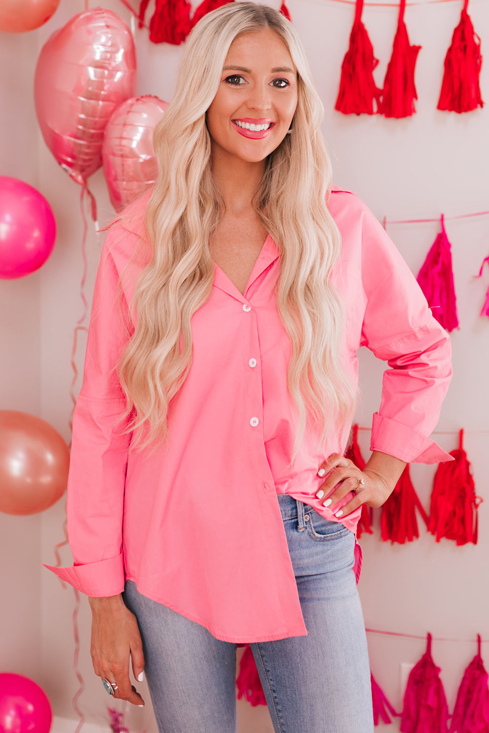 Buttoned Lapel Collar Dropped Shoulder Long Shirt-Teresa&#39;s Fashionista LLC