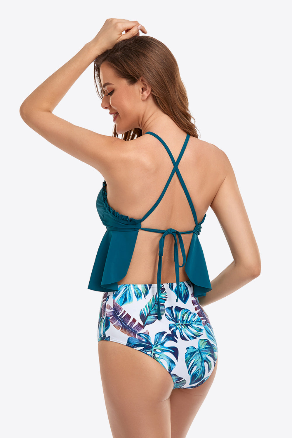 Botanical Print Ruffled Halter Neck Two-Piece Swimsuit-Teresa&#39;s Fashionista LLC