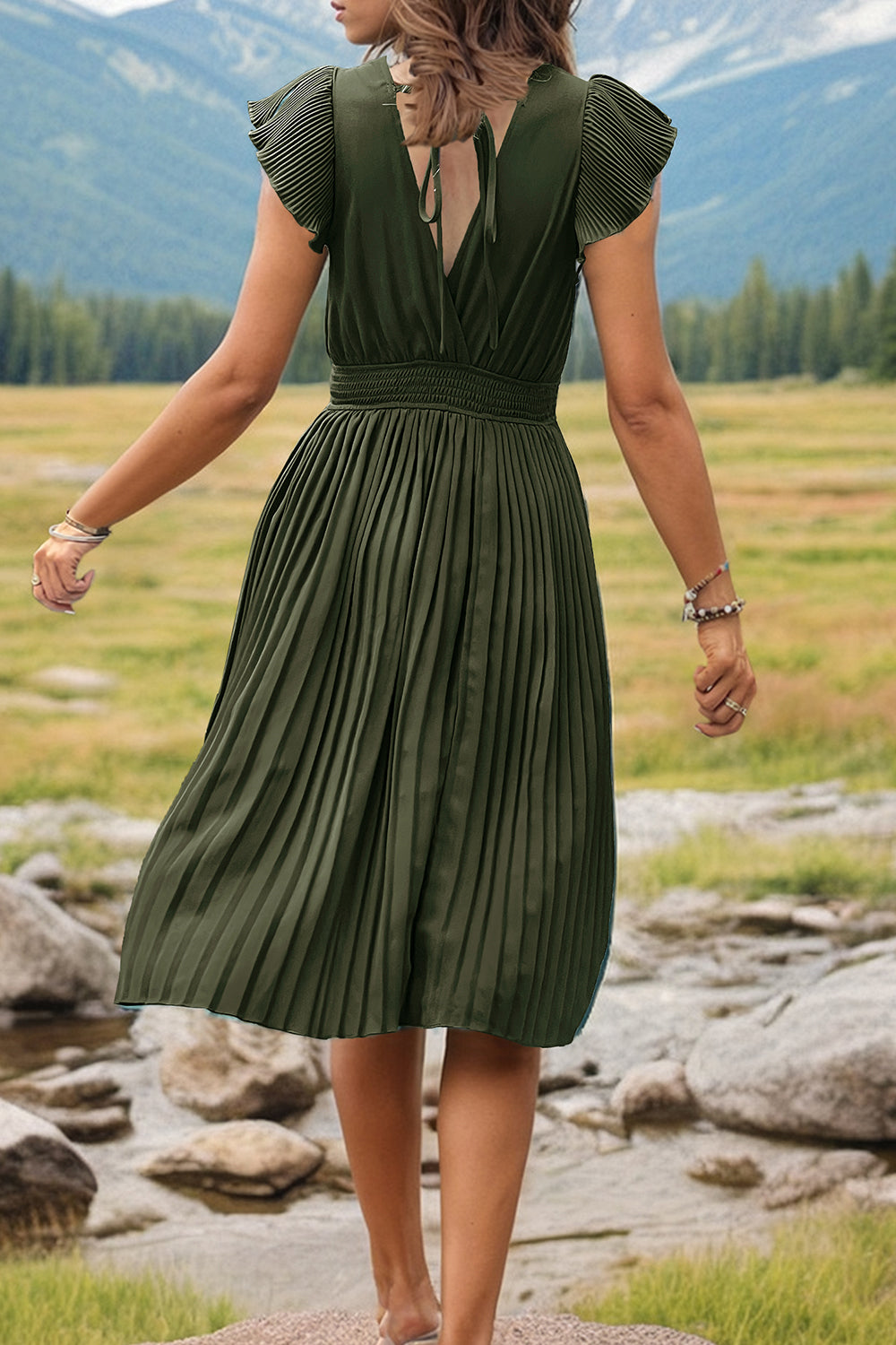 Tied Smocked Waist Flutter Sleeve Dress-Teresa&#39;s Fashionista LLC