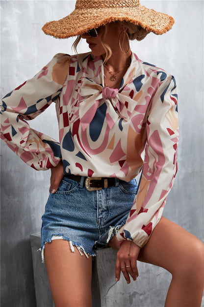 Printed Tie Neck Puff Sleeve Blouse-Teresa&#39;s Fashionista LLC