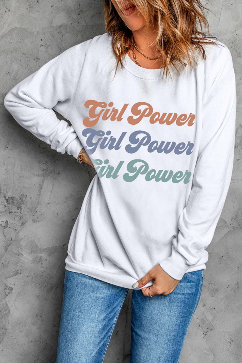 GIRL POWER Graphic Dropped Shoulder Sweatshirt-Teresa&#39;s Fashionista LLC