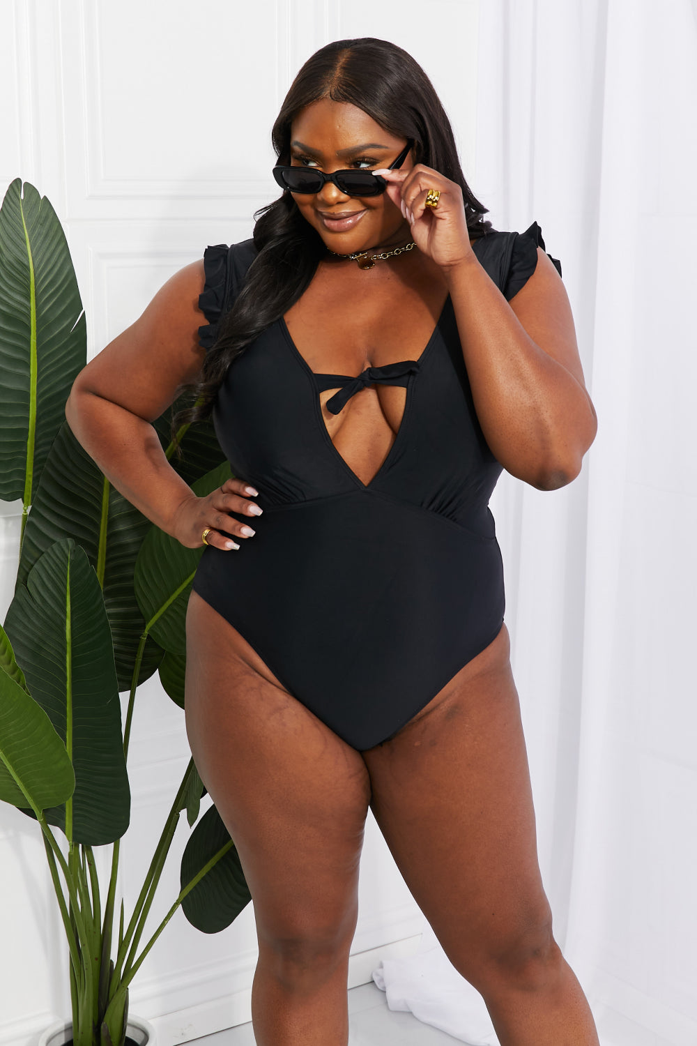 Marina West Swim Seashell Ruffle Sleeve One-Piece in Black-Teresa&#39;s Fashionista LLC