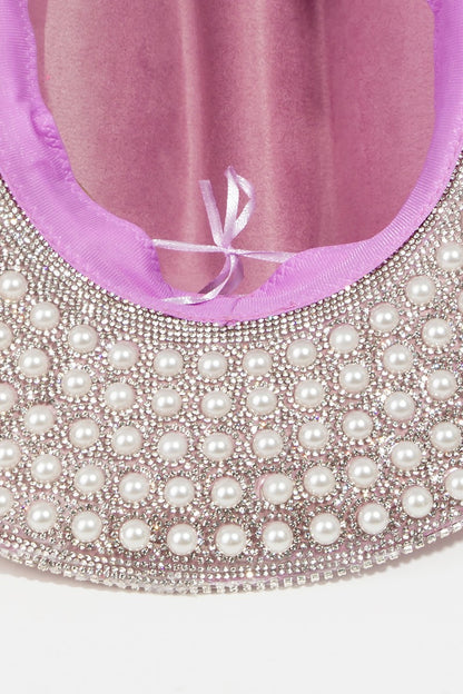 Fame Pave Rhinestone Pearl Trim Cowboy Hat-Teresa&#39;s Fashionista LLC