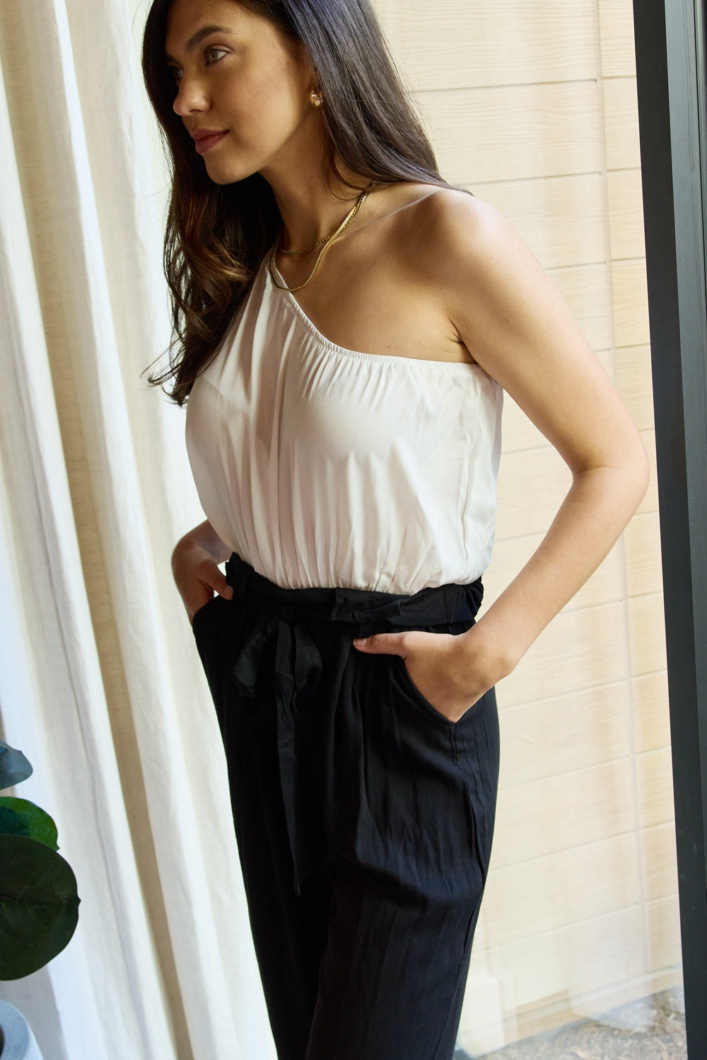 Dress Day Marvelous in Manhattan One-Shoulder Jumpsuit in White/Black-Teresa&#39;s Fashionista LLC