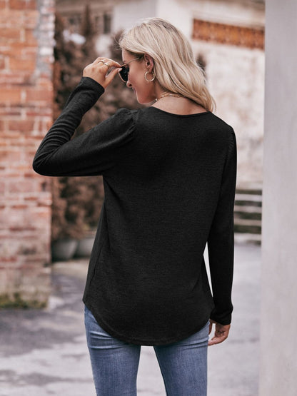 Pleated Detail Curved Hem Long Sleeve Top-Teresa&#39;s Fashionista LLC