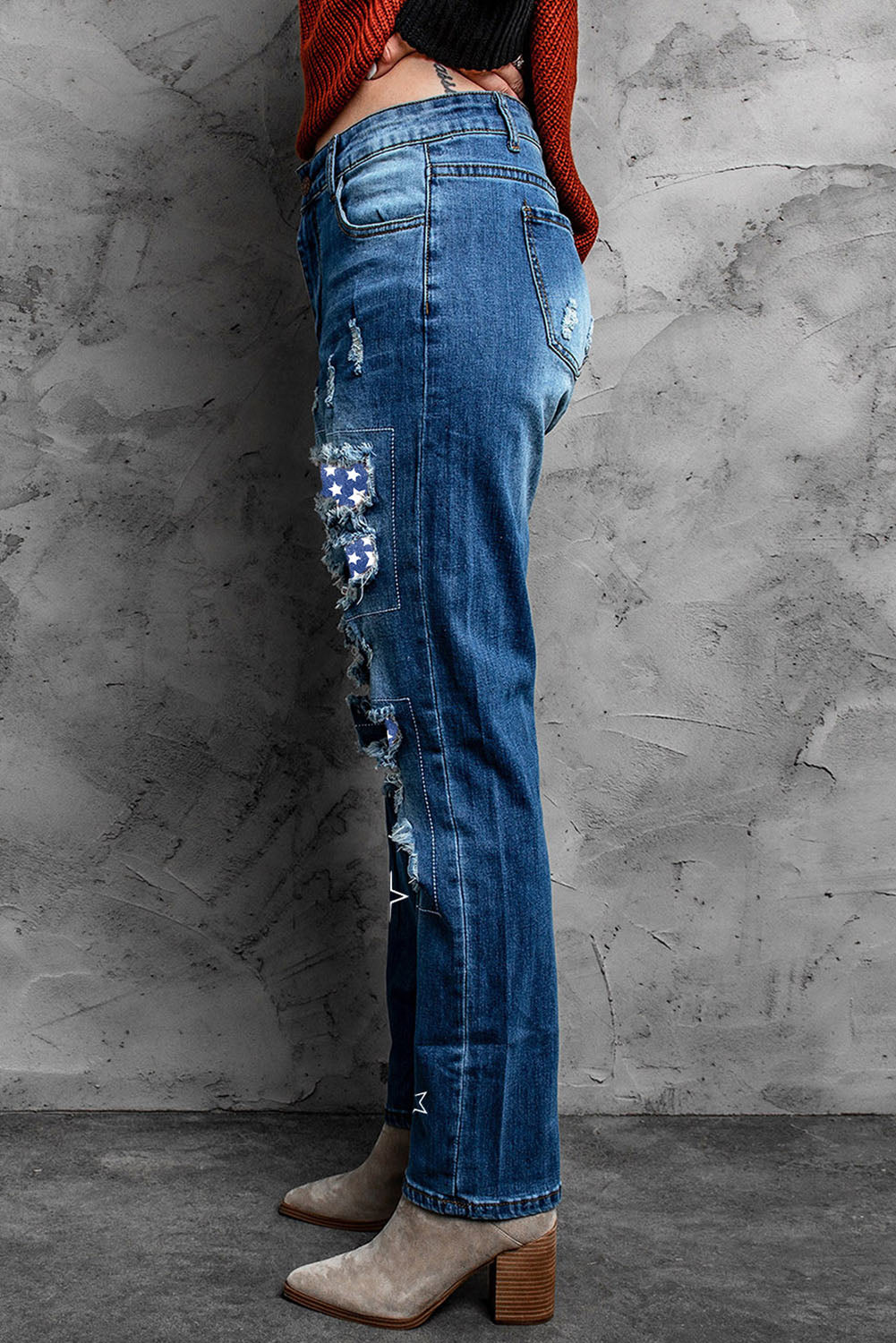 Printed Patch Distressed Boyfriend Jeans-Teresa&#39;s Fashionista LLC