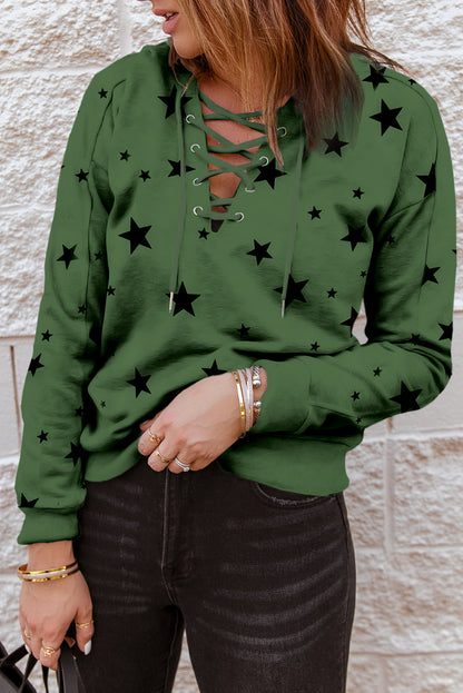 Star Pattern Lace-Up Hoodie-Teresa&#39;s Fashionista LLC