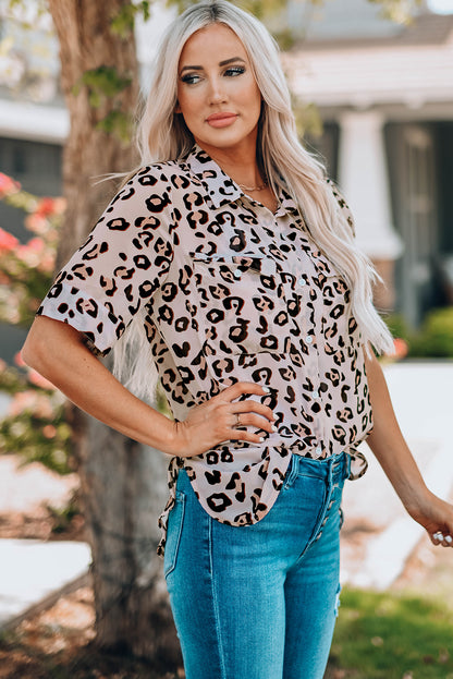 Leopard Button Front Short Sleeve Shirt with Breast Pockets-Teresa&#39;s Fashionista LLC