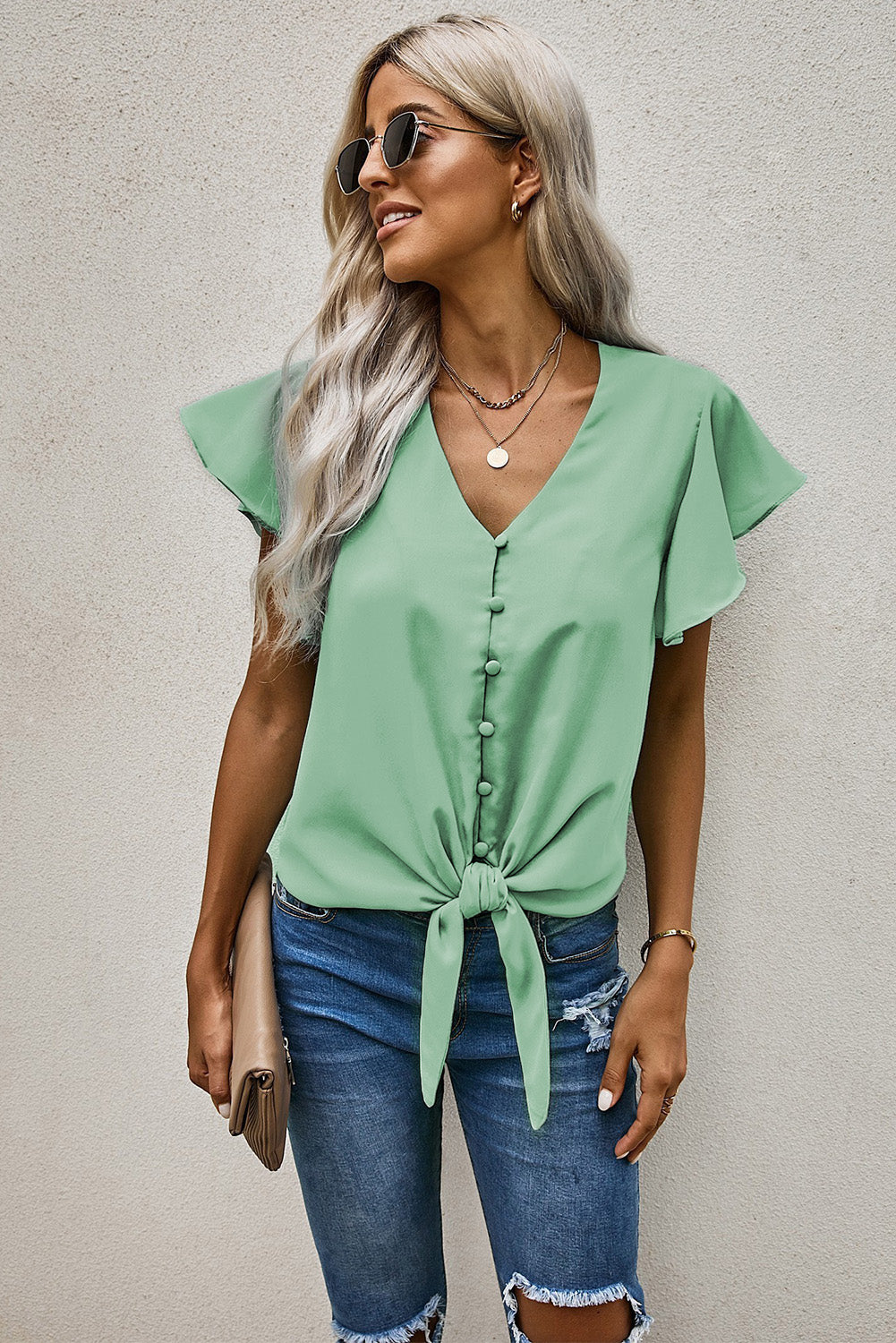 V-Neck Tie Hem Flutter Sleeve Blouse-Teresa&#39;s Fashionista LLC