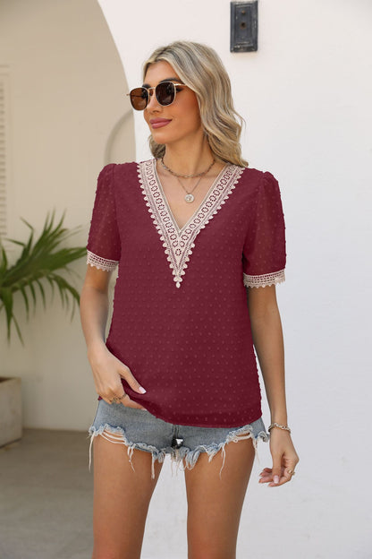 Contrast V-Neck Swiss Dot Top-Teresa&#39;s Fashionista LLC