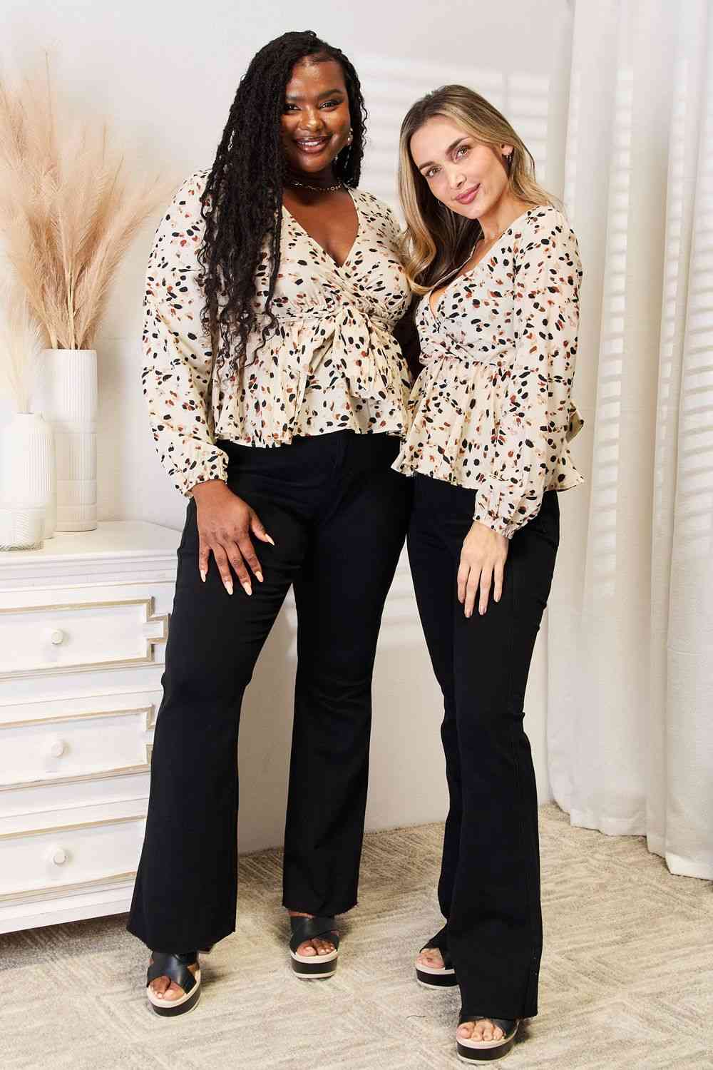 Double Take Printed Tied Plunge Peplum Blouse-Teresa&#39;s Fashionista LLC