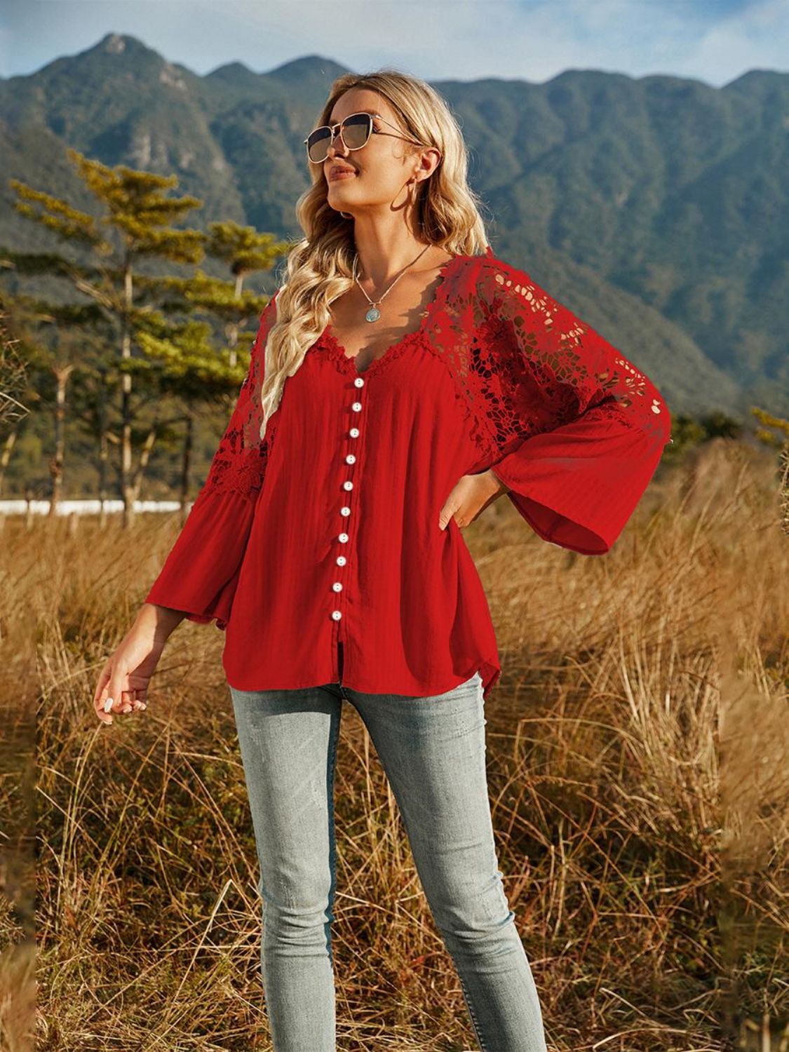 Spliced Lace Buttoned Blouse-Teresa&#39;s Fashionista LLC