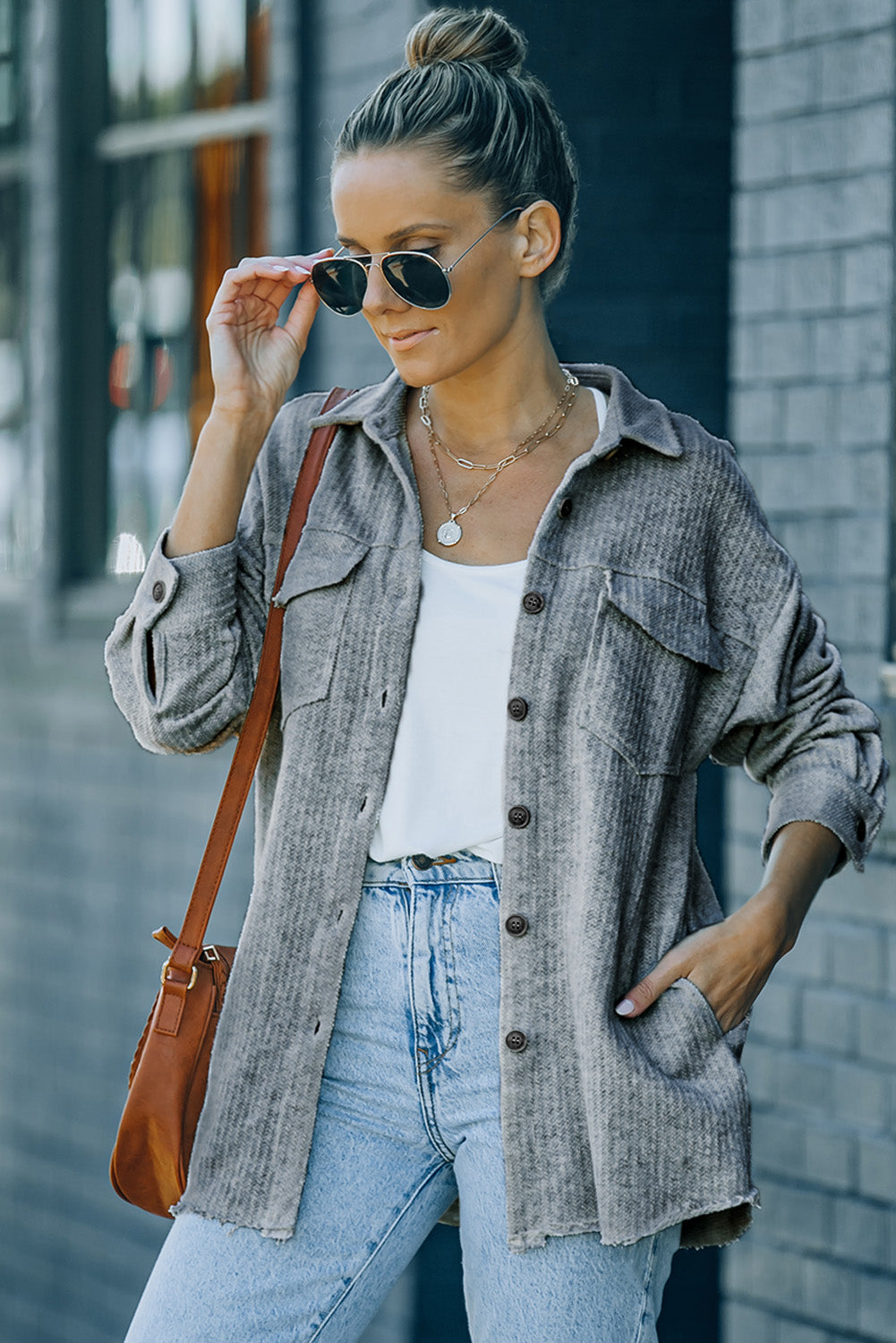 Textured Button Down Shirt Jacket with Pockets-Teresa&#39;s Fashionista LLC