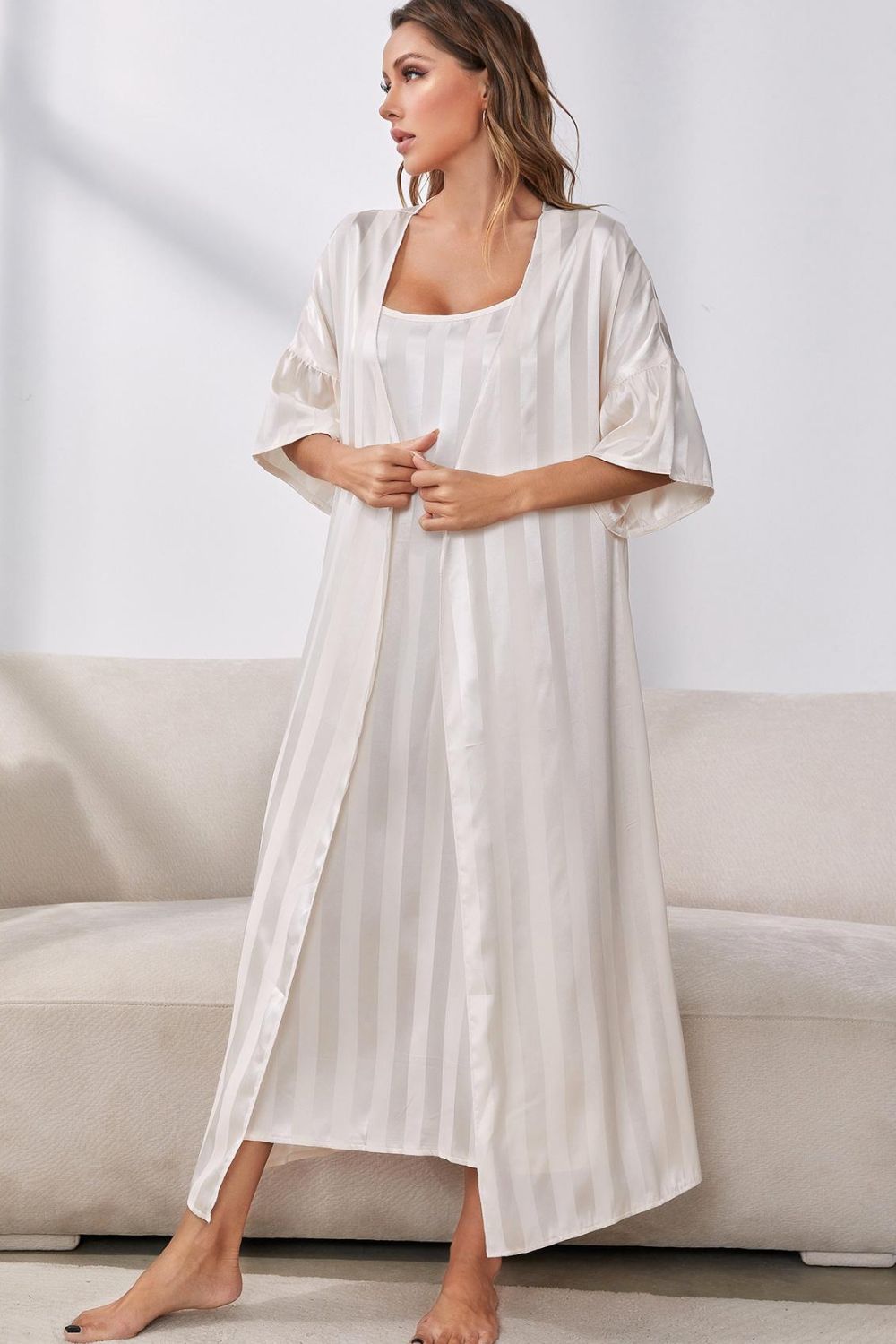 Striped Flounce Sleeve Open Front Robe and Cami Dress Set-Teresa&#39;s Fashionista LLC