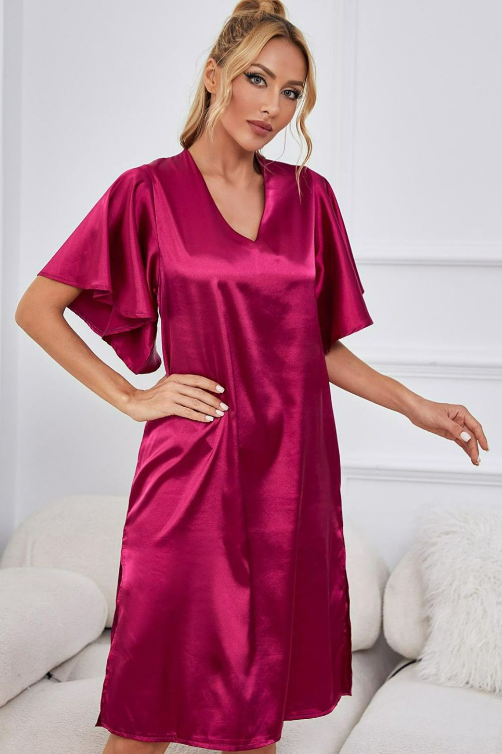 Satin Flutter Sleeve Side Slit V-Neck Night Dress-Teresa&#39;s Fashionista LLC