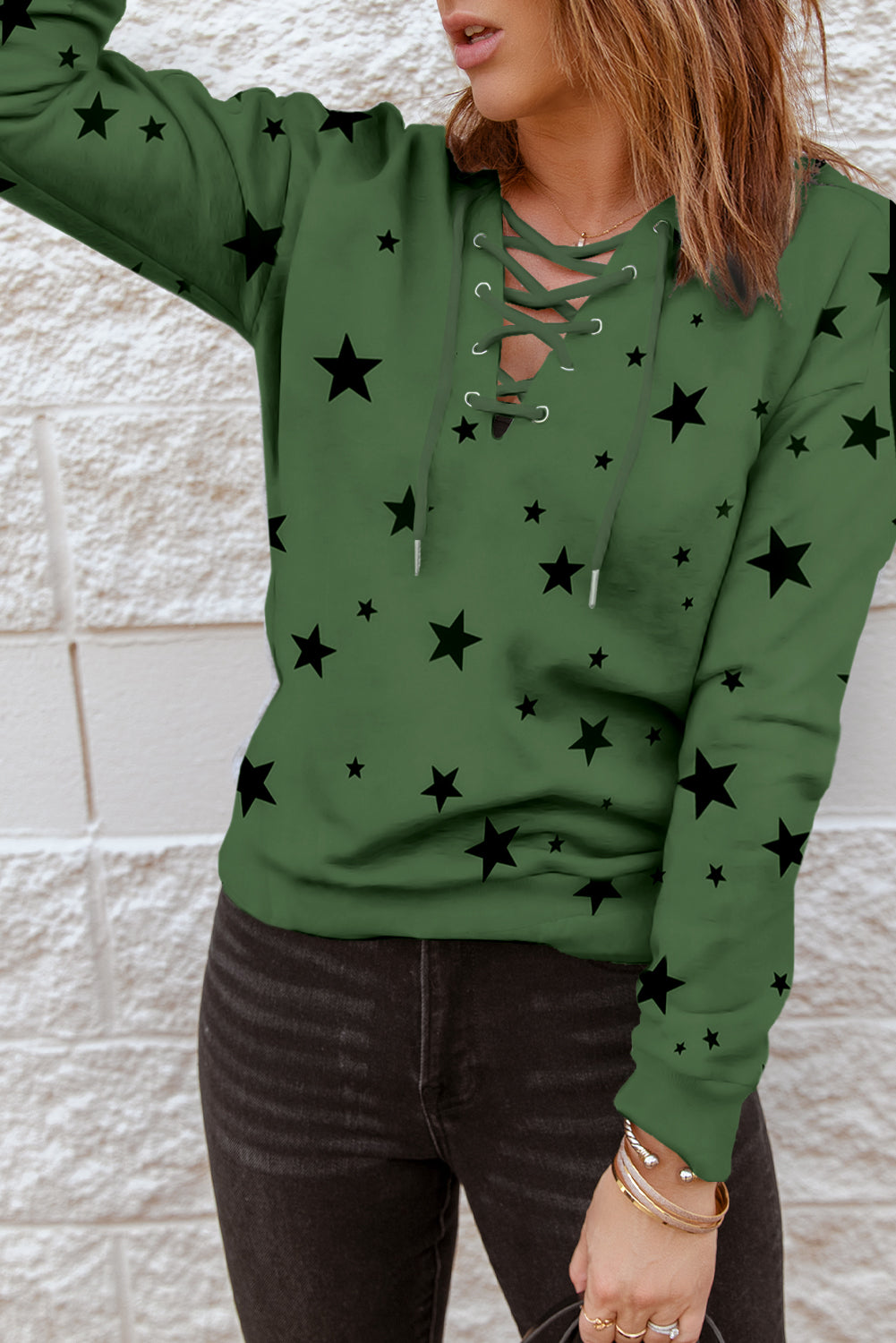 Star Pattern Lace-Up Hoodie-Teresa&#39;s Fashionista LLC